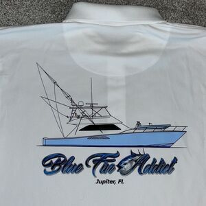 New White Poly Blue Fin Addict Jupiter Florida golf polo game fishing shirt L